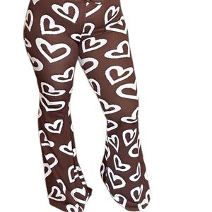 Brown Heart Pattern Flare Pants Size L